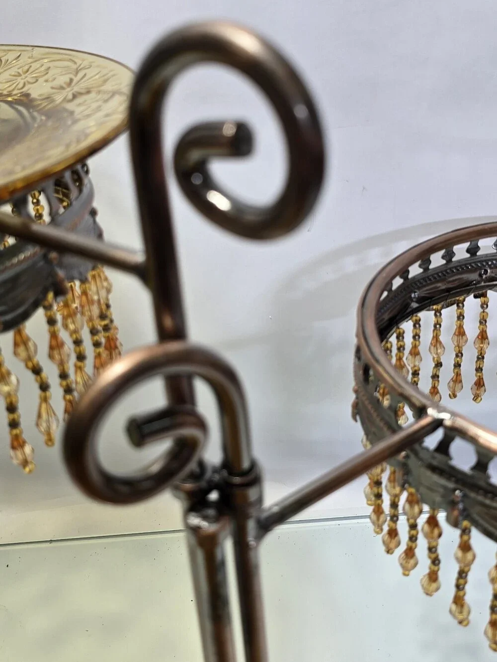 Vintage 3-Tier Metal Dessert Stand Amber Glass Plates Beaded Display Centerpiece